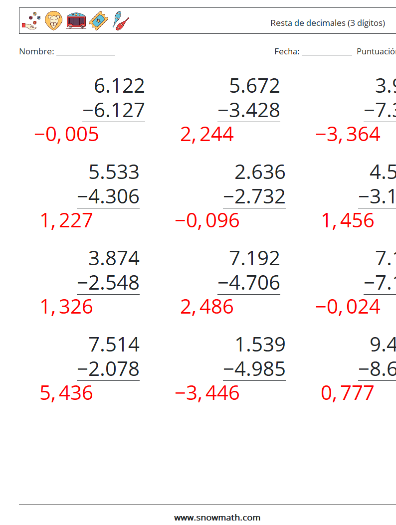 (12) Resta de decimales (3 dígitos) Hojas de trabajo de matemáticas 4 Pregunta, respuesta