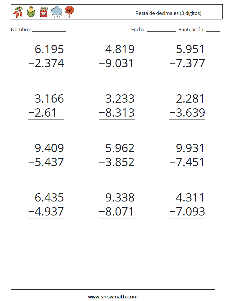 (12) Resta de decimales (3 dígitos) Hojas de trabajo de matemáticas 5