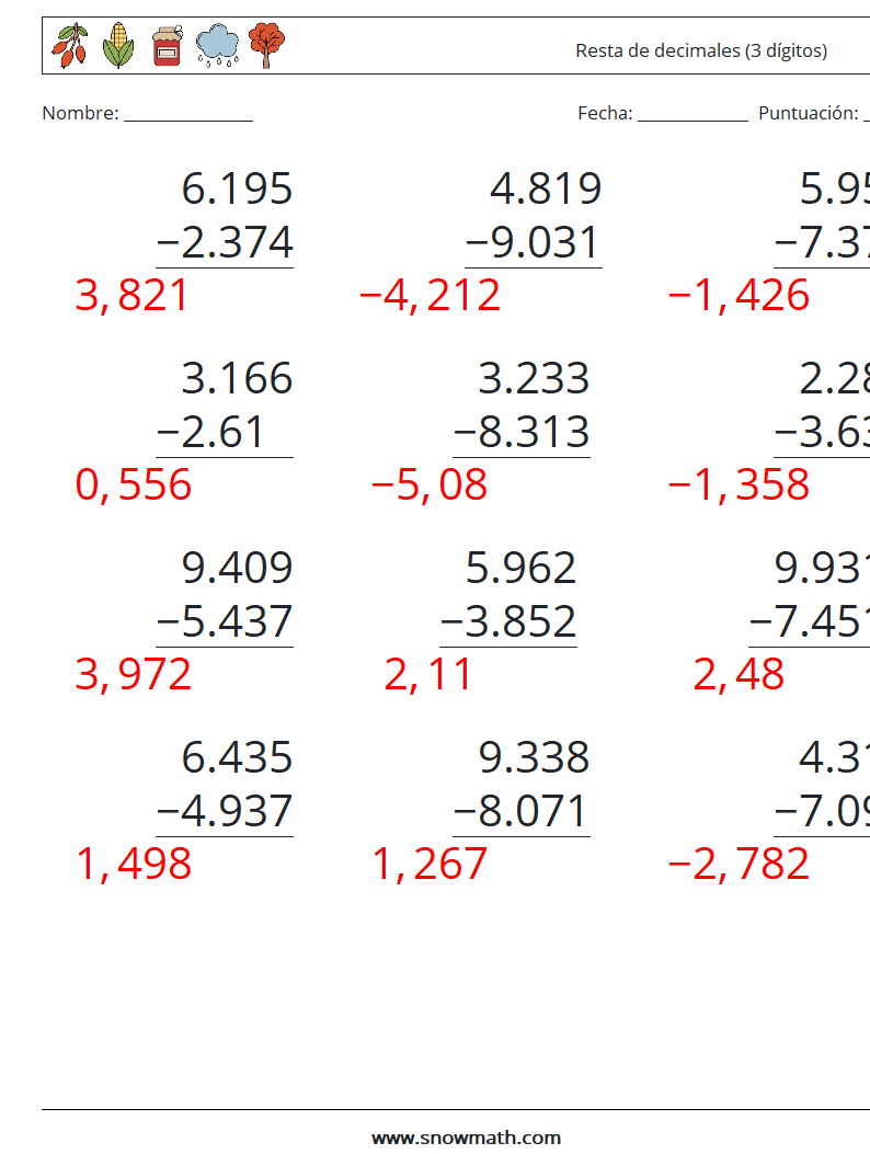 (12) Resta de decimales (3 dígitos) Hojas de trabajo de matemáticas 5 Pregunta, respuesta