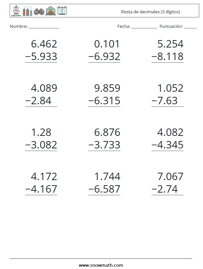 (12) Resta de decimales (3 dígitos) Hojas de trabajo de matemáticas 6