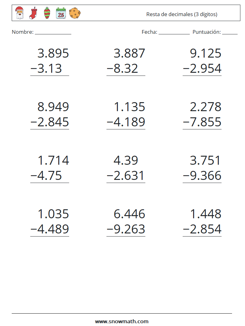 (12) Resta de decimales (3 dígitos) Hojas de trabajo de matemáticas 7