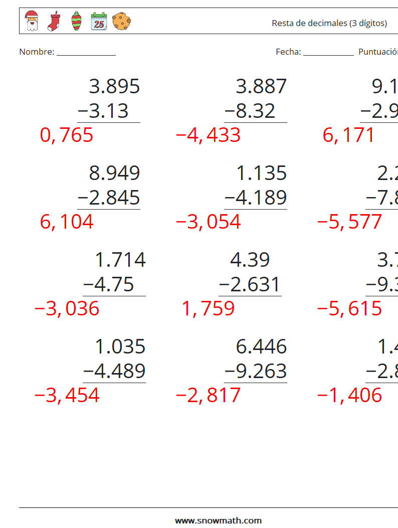 (12) Resta de decimales (3 dígitos) Hojas de trabajo de matemáticas 7 Pregunta, respuesta