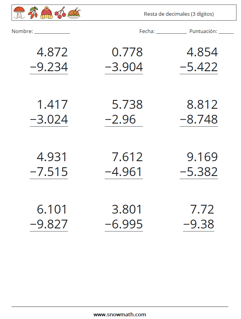 (12) Resta de decimales (3 dígitos) Hojas de trabajo de matemáticas 8