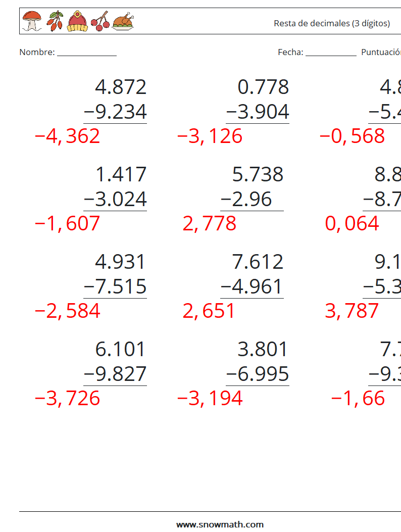 (12) Resta de decimales (3 dígitos) Hojas de trabajo de matemáticas 8 Pregunta, respuesta