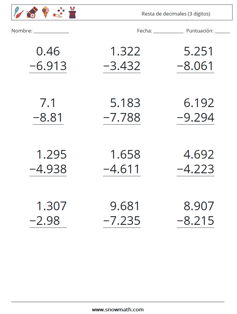 (12) Resta de decimales (3 dígitos) Hojas de trabajo de matemáticas 9