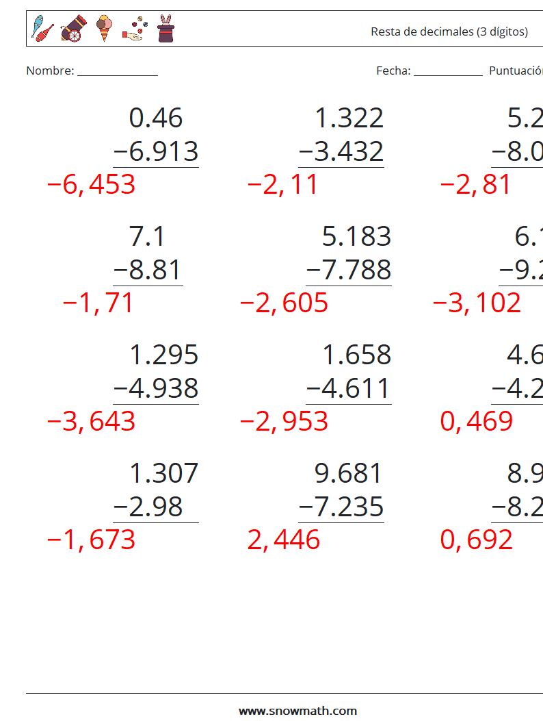 (12) Resta de decimales (3 dígitos) Hojas de trabajo de matemáticas 9 Pregunta, respuesta