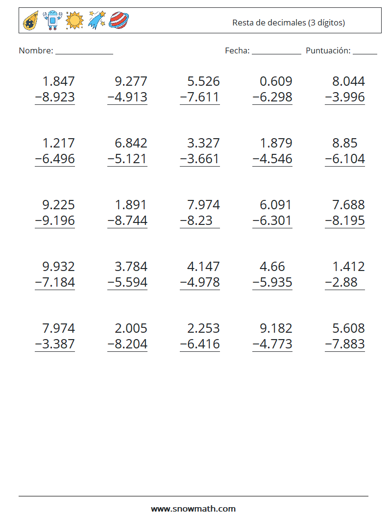 (25) Resta de decimales (3 dígitos) Hojas de trabajo de matemáticas 1