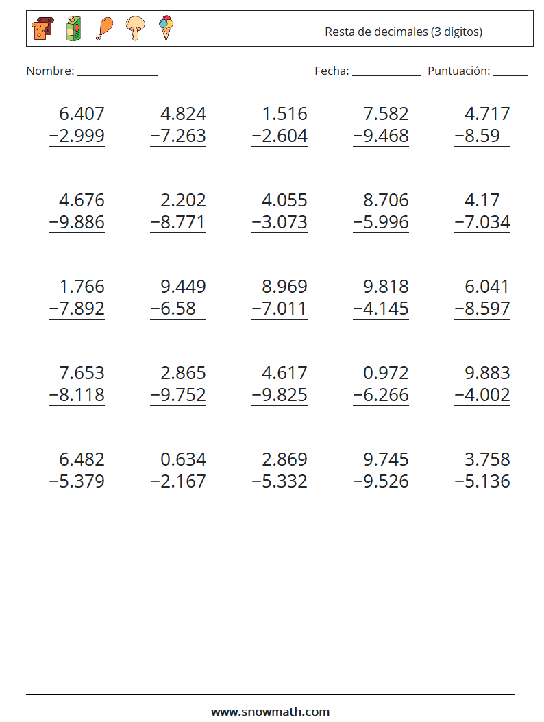 (25) Resta de decimales (3 dígitos) Hojas de trabajo de matemáticas 10