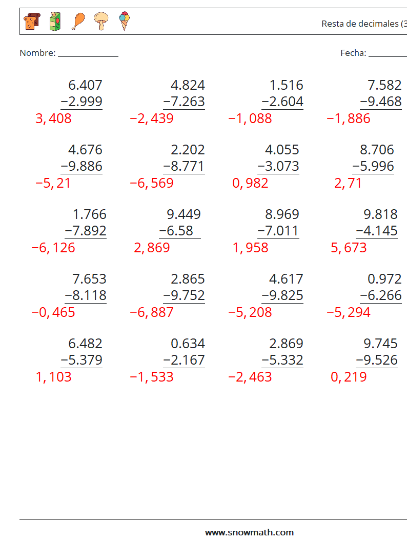 (25) Resta de decimales (3 dígitos) Hojas de trabajo de matemáticas 10 Pregunta, respuesta