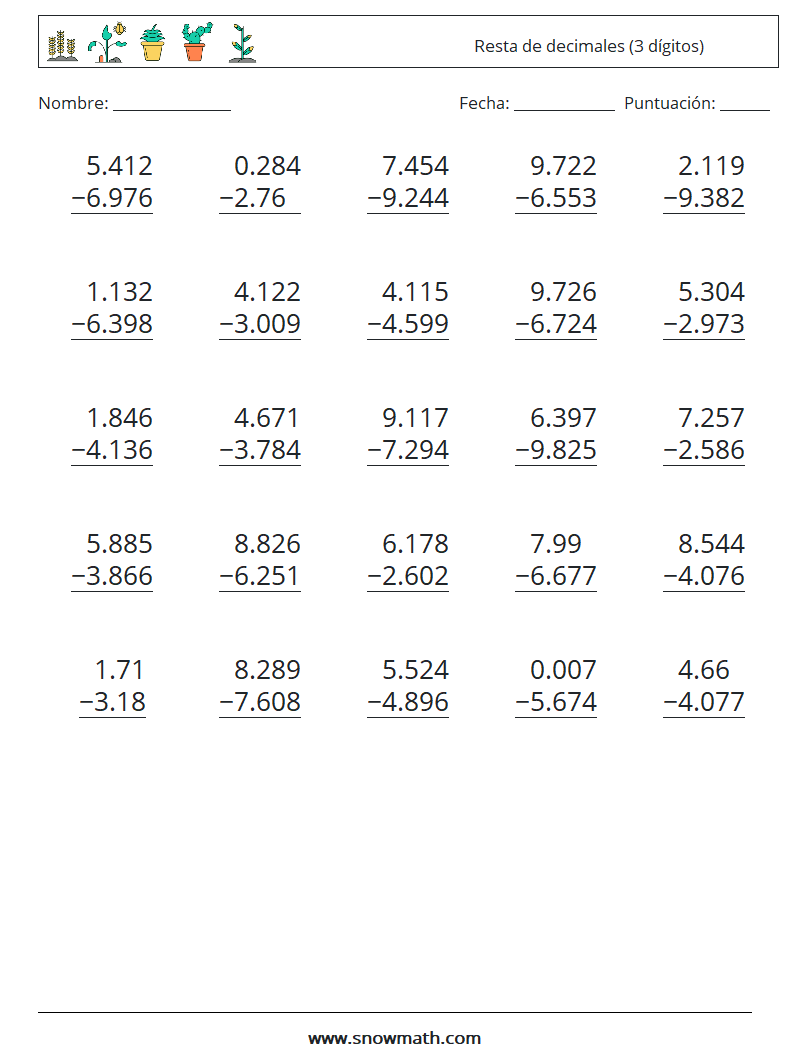 (25) Resta de decimales (3 dígitos) Hojas de trabajo de matemáticas 11