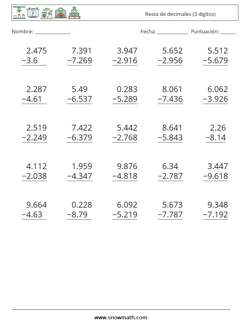 (25) Resta de decimales (3 dígitos) Hojas de trabajo de matemáticas 13