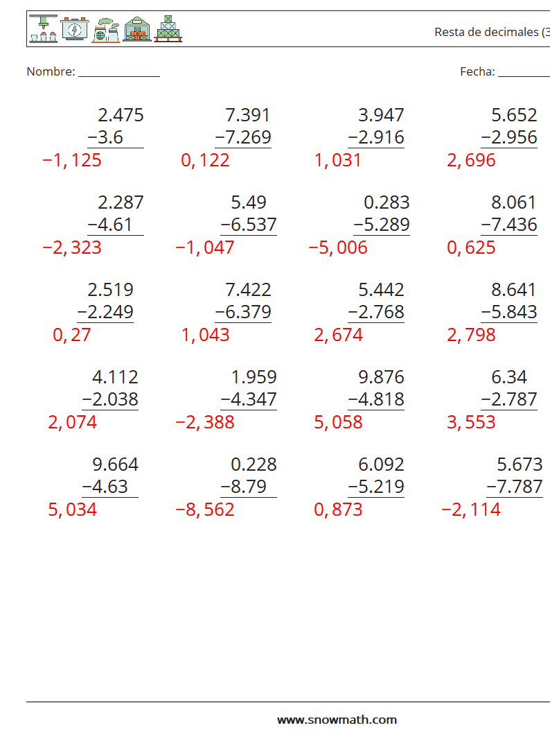 (25) Resta de decimales (3 dígitos) Hojas de trabajo de matemáticas 13 Pregunta, respuesta