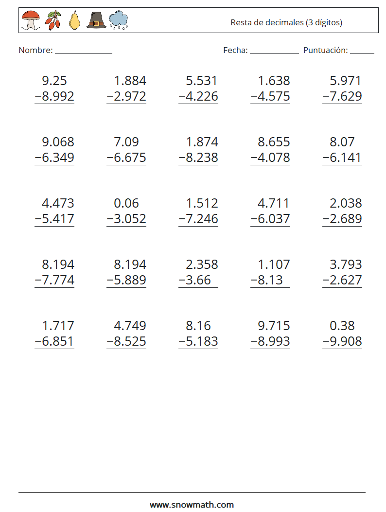 (25) Resta de decimales (3 dígitos) Hojas de trabajo de matemáticas 14