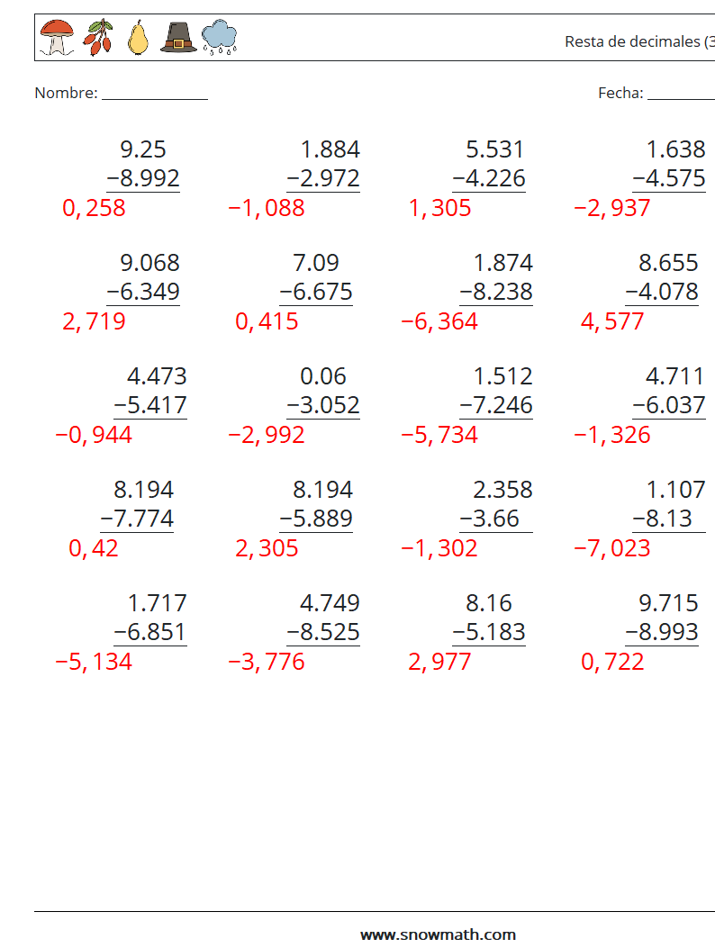 (25) Resta de decimales (3 dígitos) Hojas de trabajo de matemáticas 14 Pregunta, respuesta