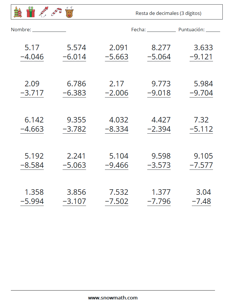 (25) Resta de decimales (3 dígitos) Hojas de trabajo de matemáticas 15