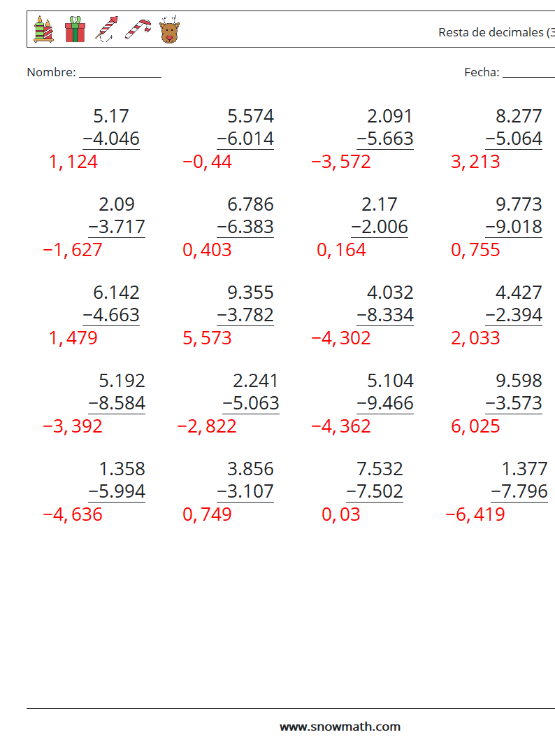 (25) Resta de decimales (3 dígitos) Hojas de trabajo de matemáticas 15 Pregunta, respuesta