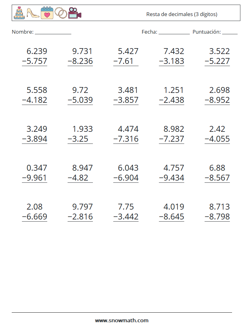 (25) Resta de decimales (3 dígitos) Hojas de trabajo de matemáticas 16