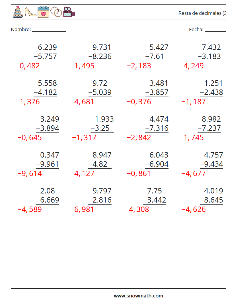 (25) Resta de decimales (3 dígitos) Hojas de trabajo de matemáticas 16 Pregunta, respuesta