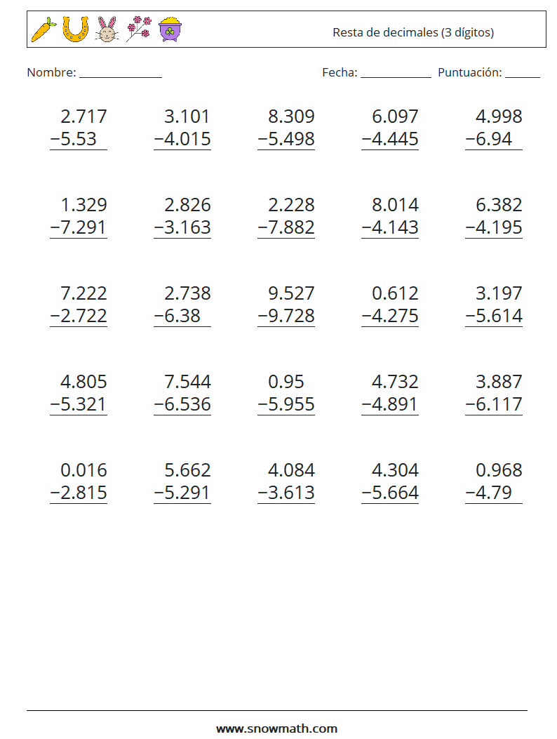 (25) Resta de decimales (3 dígitos) Hojas de trabajo de matemáticas 17