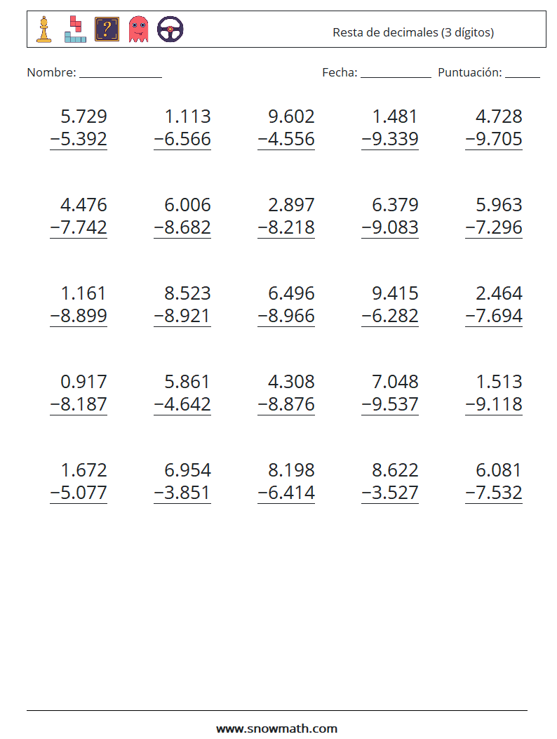 (25) Resta de decimales (3 dígitos) Hojas de trabajo de matemáticas 18