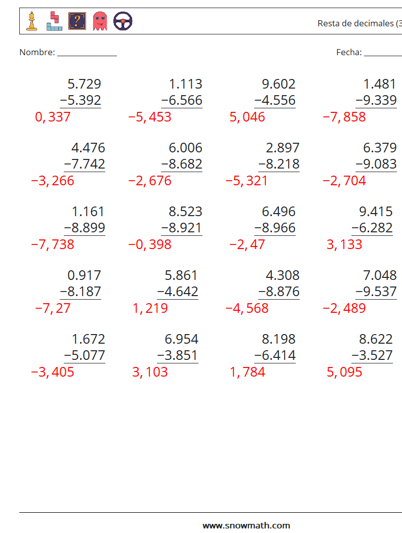 (25) Resta de decimales (3 dígitos) Hojas de trabajo de matemáticas 18 Pregunta, respuesta