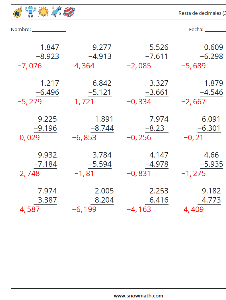 (25) Resta de decimales (3 dígitos) Hojas de trabajo de matemáticas 1 Pregunta, respuesta