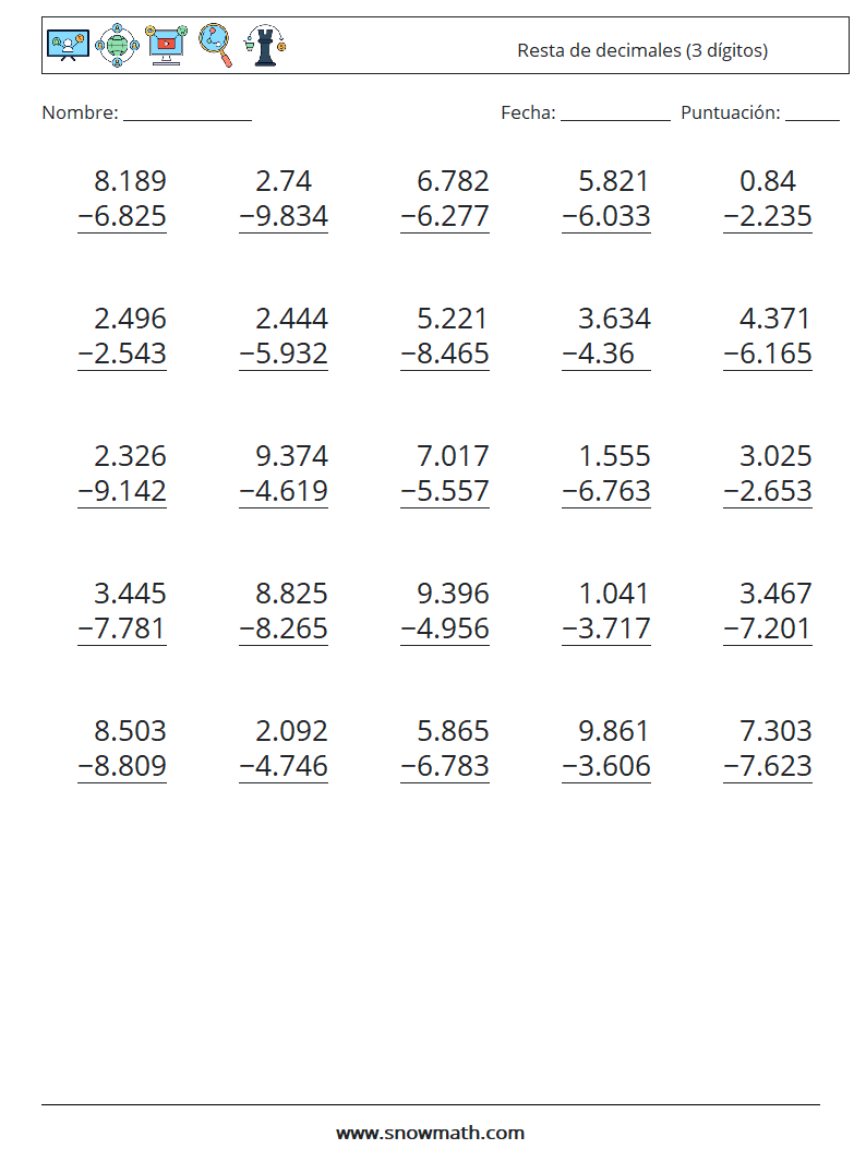 (25) Resta de decimales (3 dígitos) Hojas de trabajo de matemáticas 2