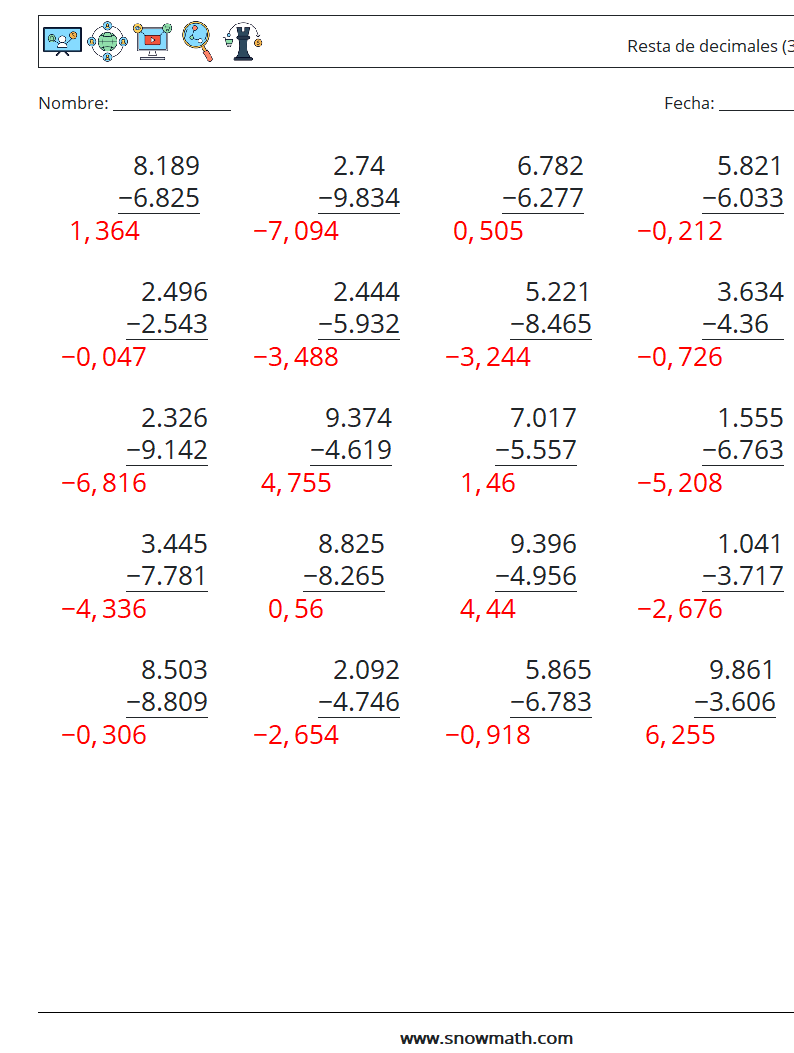 (25) Resta de decimales (3 dígitos) Hojas de trabajo de matemáticas 2 Pregunta, respuesta