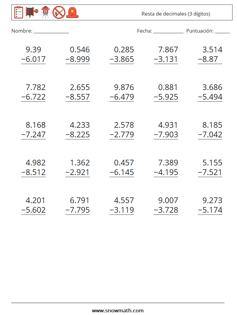 (25) Resta de decimales (3 dígitos) Hojas de trabajo de matemáticas 4