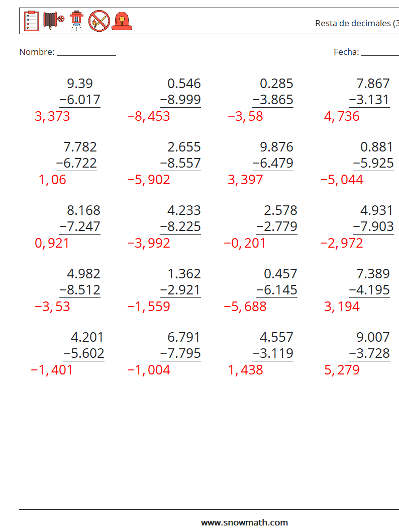 (25) Resta de decimales (3 dígitos) Hojas de trabajo de matemáticas 4 Pregunta, respuesta