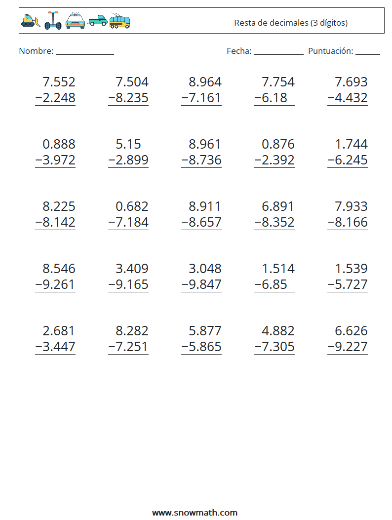 (25) Resta de decimales (3 dígitos) Hojas de trabajo de matemáticas 5