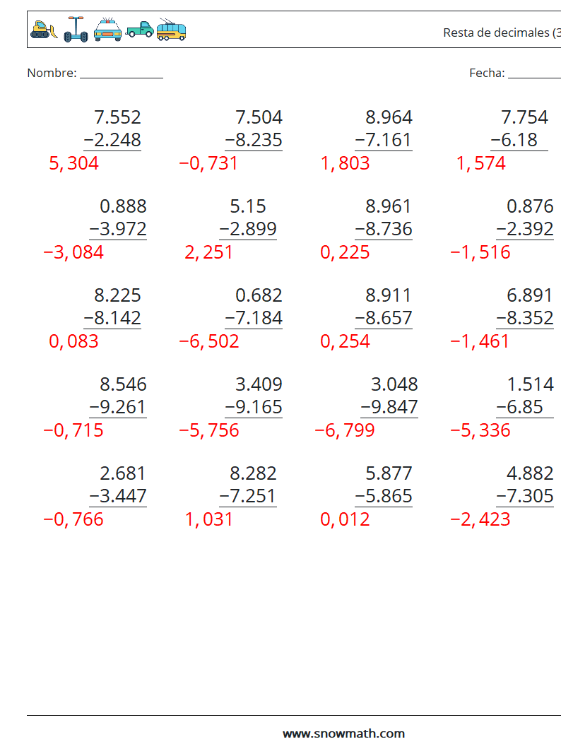 (25) Resta de decimales (3 dígitos) Hojas de trabajo de matemáticas 5 Pregunta, respuesta