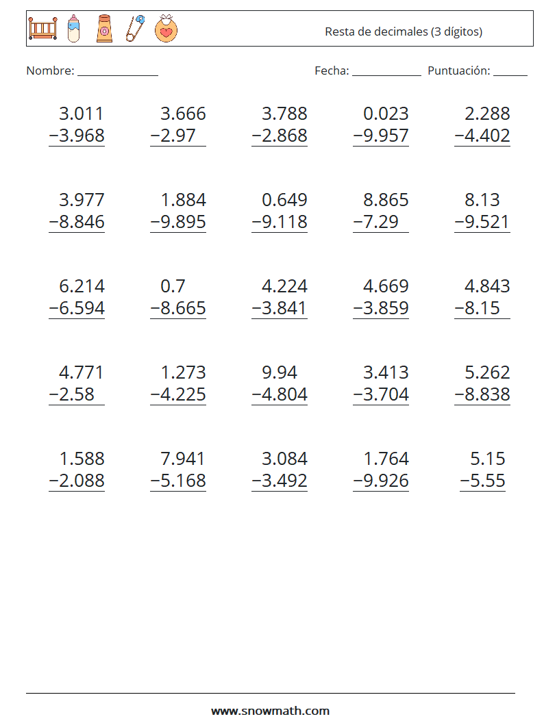 (25) Resta de decimales (3 dígitos) Hojas de trabajo de matemáticas 6