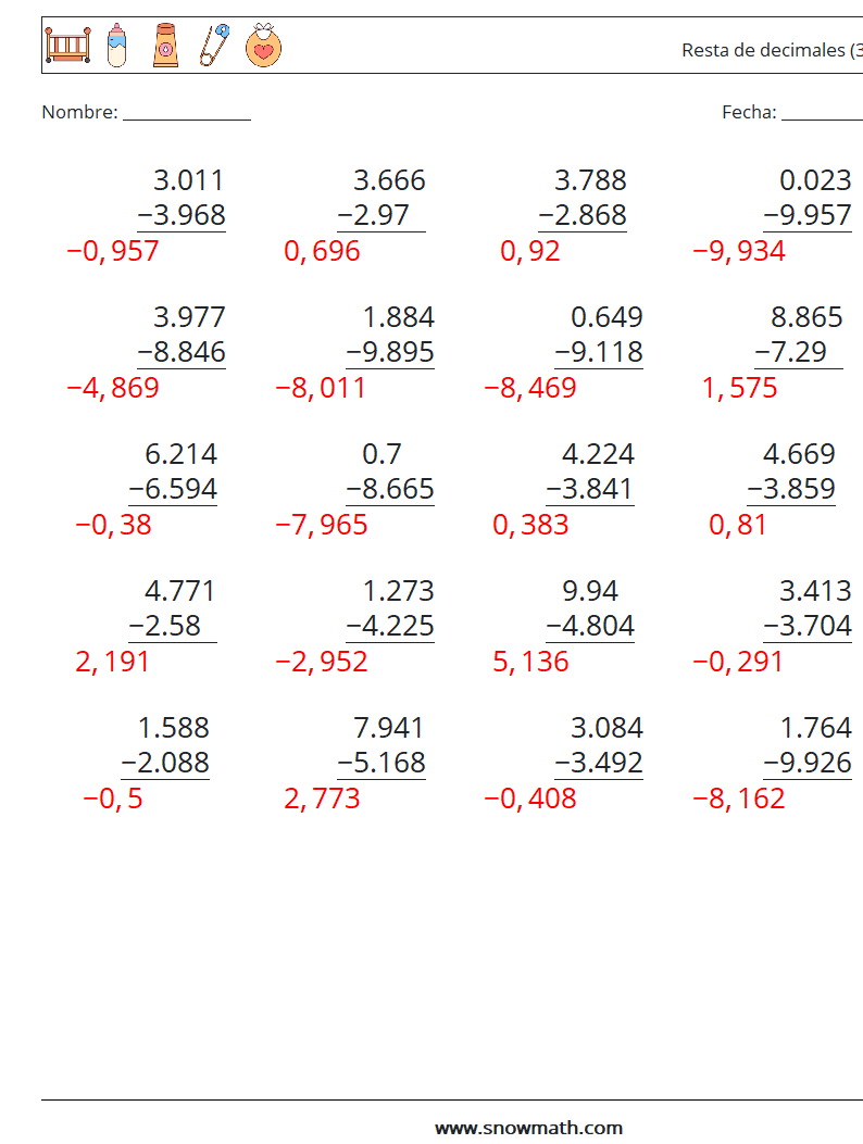 (25) Resta de decimales (3 dígitos) Hojas de trabajo de matemáticas 6 Pregunta, respuesta