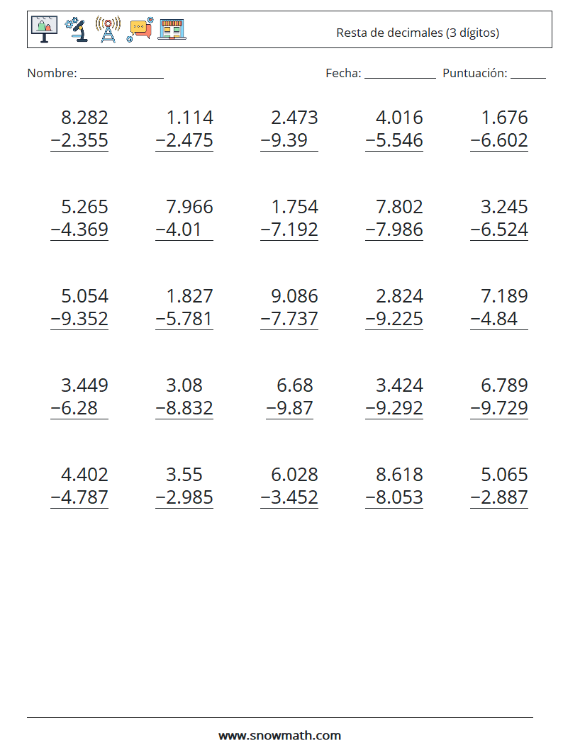 (25) Resta de decimales (3 dígitos) Hojas de trabajo de matemáticas 7