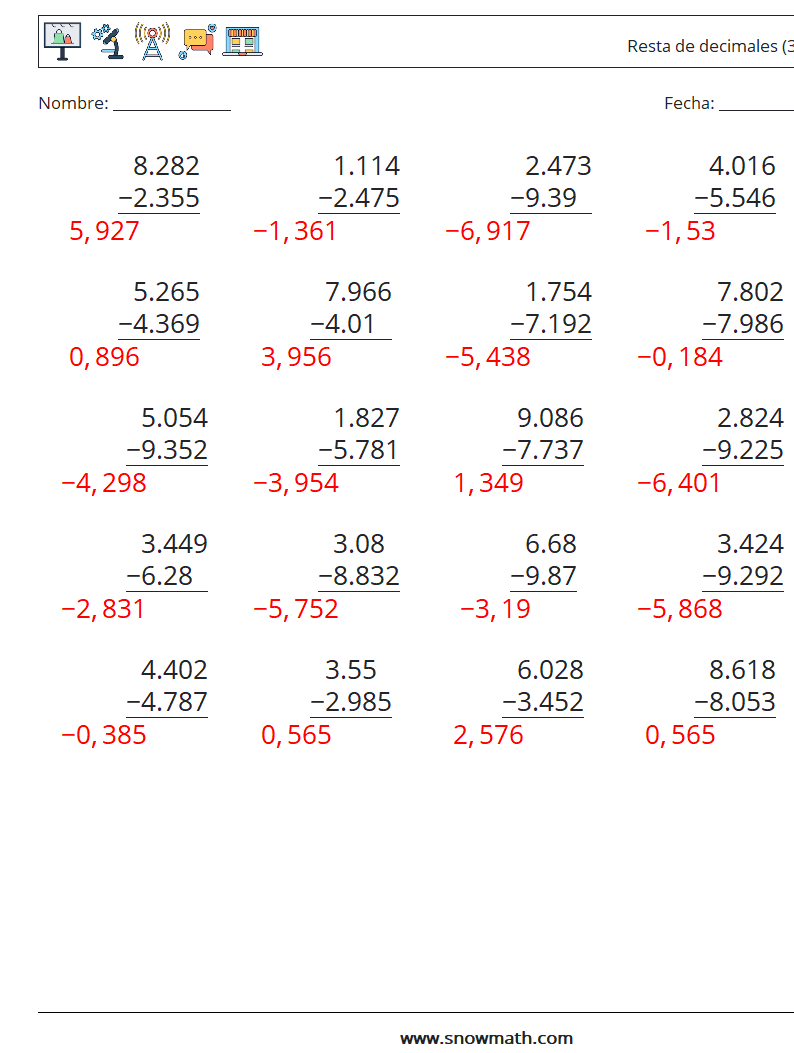 (25) Resta de decimales (3 dígitos) Hojas de trabajo de matemáticas 7 Pregunta, respuesta