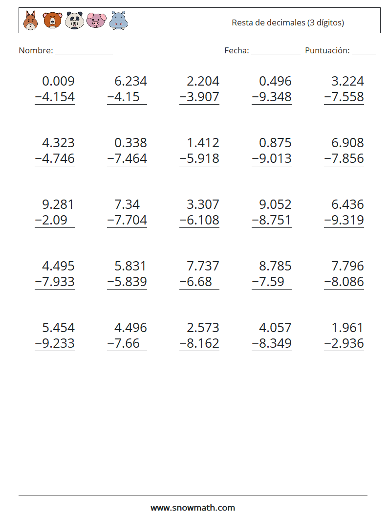 (25) Resta de decimales (3 dígitos) Hojas de trabajo de matemáticas 8