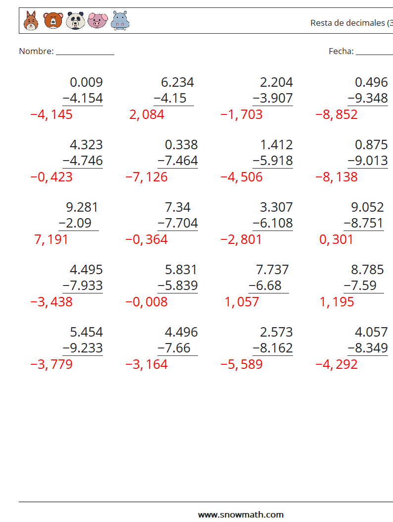 (25) Resta de decimales (3 dígitos) Hojas de trabajo de matemáticas 8 Pregunta, respuesta