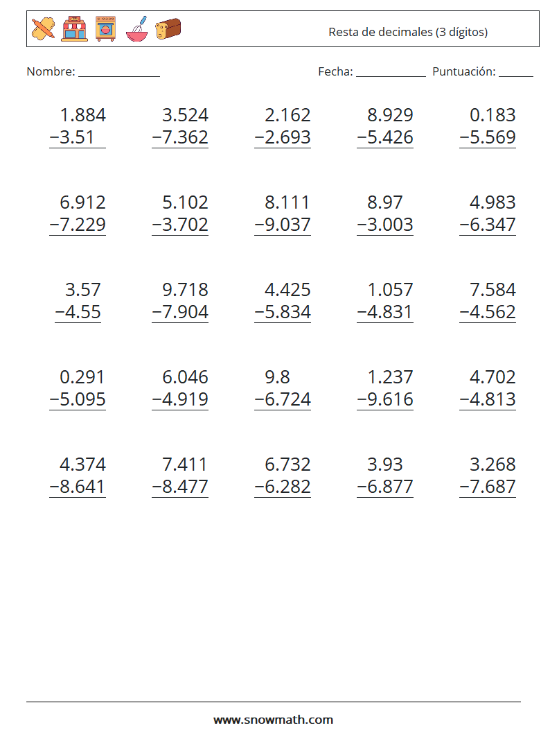 (25) Resta de decimales (3 dígitos) Hojas de trabajo de matemáticas 9