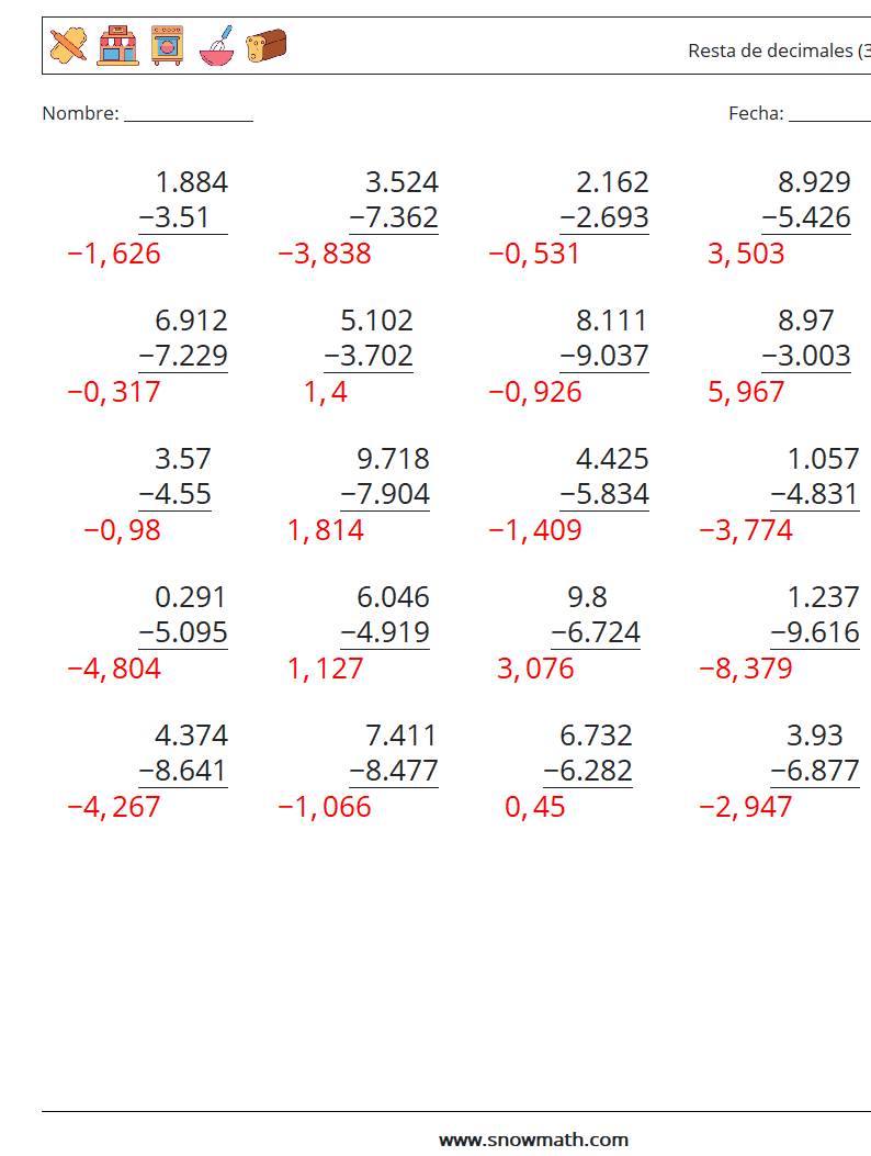 (25) Resta de decimales (3 dígitos) Hojas de trabajo de matemáticas 9 Pregunta, respuesta