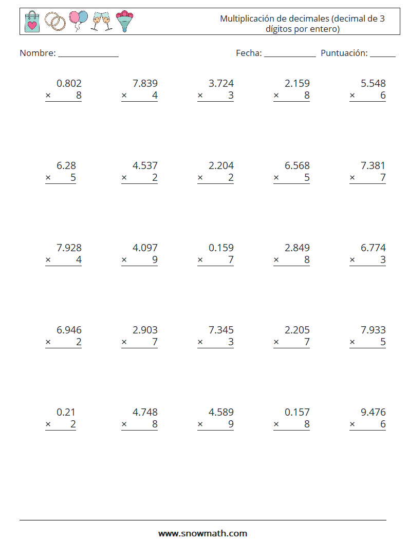(25) Multiplicación de decimales (decimal de 3 dígitos por entero)
