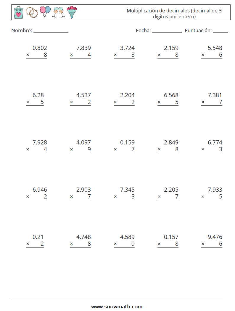 (25) Multiplicación de decimales (decimal de 3 dígitos por entero) Hojas de trabajo de matemáticas 1