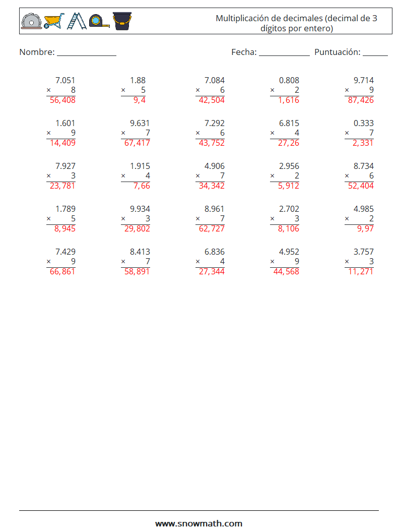 (25) Multiplicación de decimales (decimal de 3 dígitos por entero) Hojas de trabajo de matemáticas 14 Pregunta, respuesta