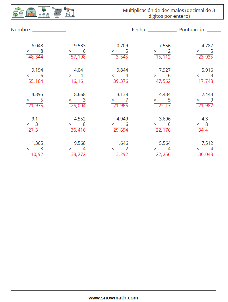 (25) Multiplicación de decimales (decimal de 3 dígitos por entero) Hojas de trabajo de matemáticas 17 Pregunta, respuesta