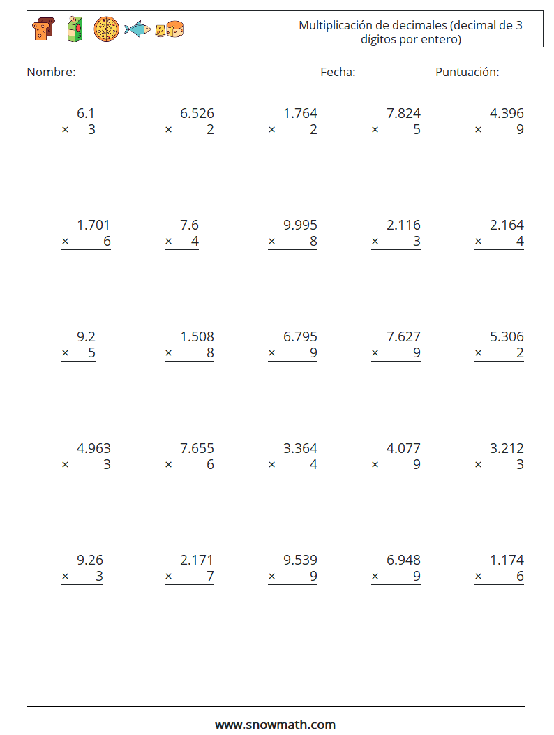 (25) Multiplicación de decimales (decimal de 3 dígitos por entero) Hojas de trabajo de matemáticas 2