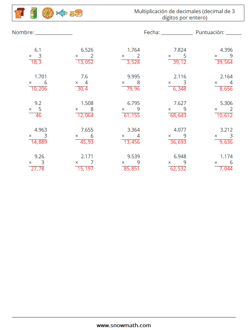 (25) Multiplicación de decimales (decimal de 3 dígitos por entero) Hojas de trabajo de matemáticas 2 Pregunta, respuesta