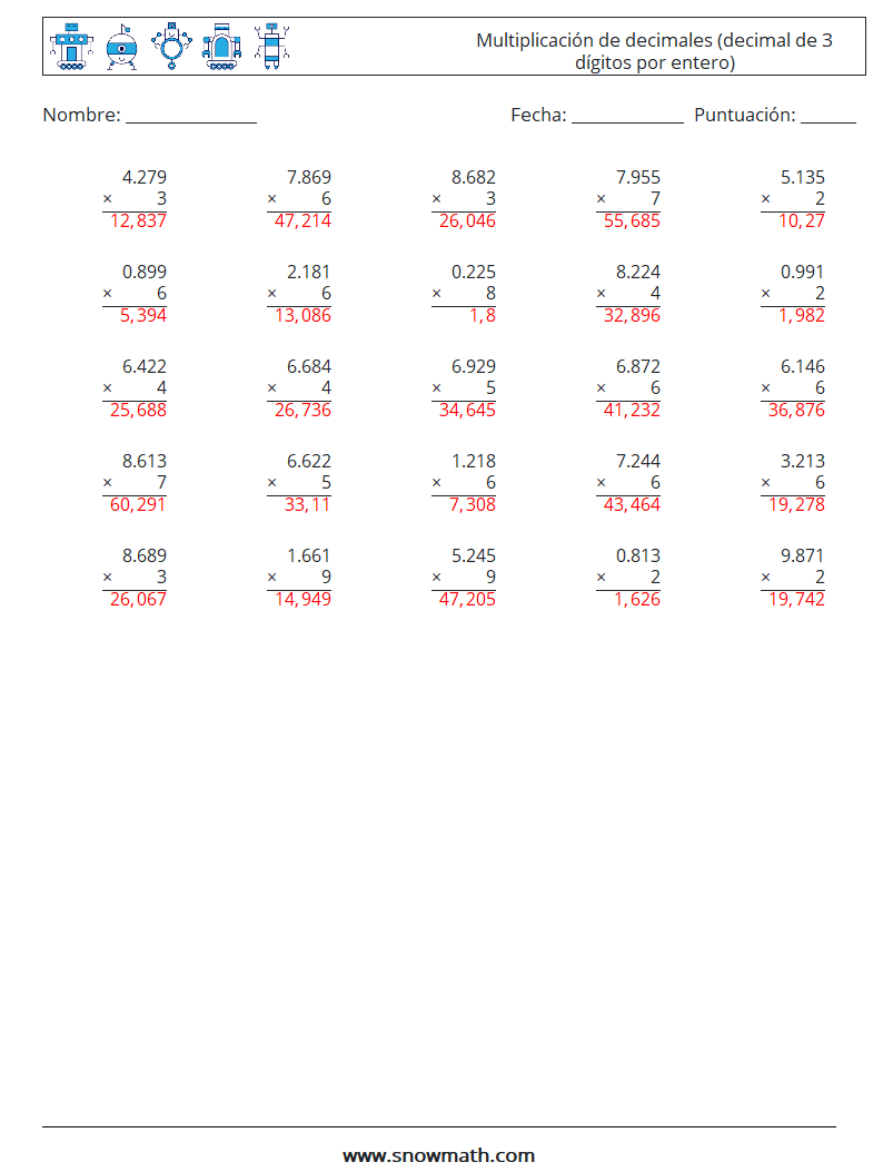 (25) Multiplicación de decimales (decimal de 3 dígitos por entero) Hojas de trabajo de matemáticas 3 Pregunta, respuesta