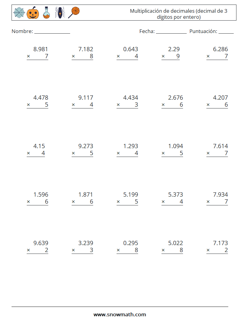 (25) Multiplicación de decimales (decimal de 3 dígitos por entero) Hojas de trabajo de matemáticas 4
