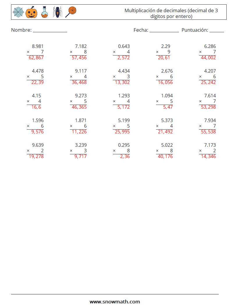 (25) Multiplicación de decimales (decimal de 3 dígitos por entero) Hojas de trabajo de matemáticas 4 Pregunta, respuesta