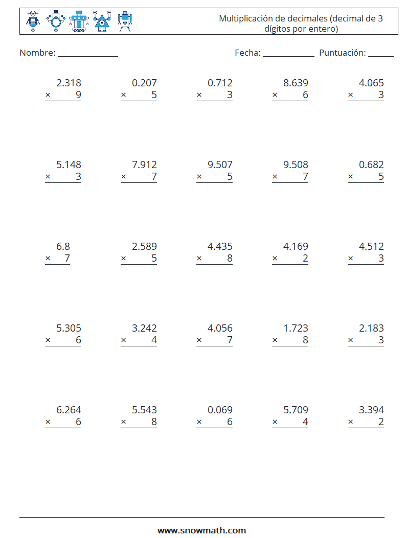 (25) Multiplicación de decimales (decimal de 3 dígitos por entero) Hojas de trabajo de matemáticas 5